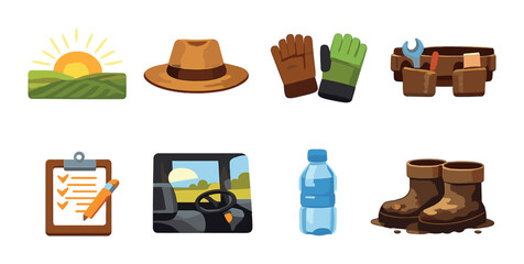 Farming essentials icons: sunrise, hat, gloves, toolbox, checklist, tractor, water bottle, boots