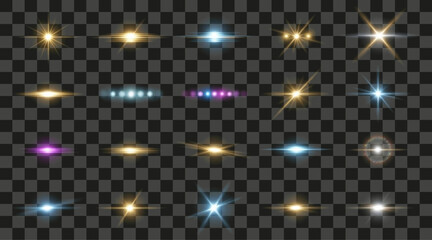 Set of glowing light effects collection, realistic starbursts and lens flares, bright light sources, golden and blue illumination elements
