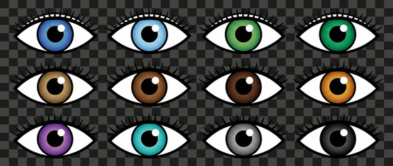 Set of twelve colorful female eyes, realistic detailed human eyeballs with long black eyelashes, various iris colors including blue green brown gray violet, isolated vector illustration