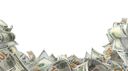 Hundred dollar bills forming a lower frame, isolated on transparent cutout background