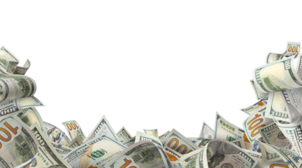 Hundred dollar bills forming a lower frame, isolated on transparent cutout background