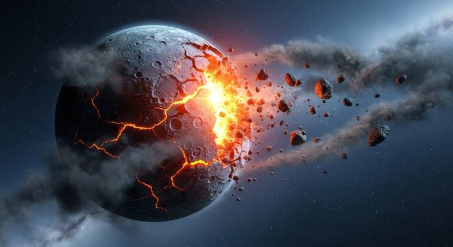 Cracked Moon Exploding with Fiery Core and Debris in Dark Space