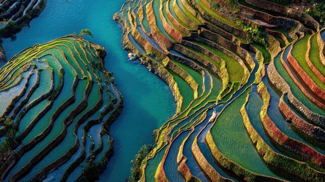 Harmony of Terraces: An aerial view showcases the stunning beauty of vibrant rice terraces cascading down a landscape, forming intricate patterns and reflecting the shimmering water.