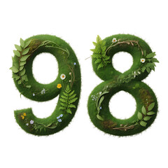 Green Number with Leaves, Moss, flower and Foliage isolated on transparent background