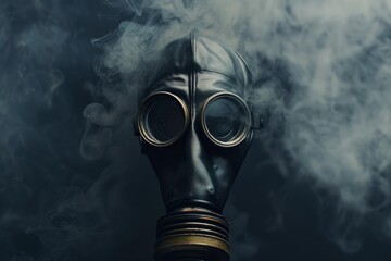 Vintage gas mask surrounded by smoke creating a dramatic and eerie atmosphere, symbolizing danger and protection