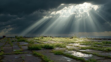 God's rays over terrain: The sun's light piercing through dark storm clouds to illuminate a rugged terrain, showcasing an interplay of light and shadow, and the dramatic beauty of the natural world.