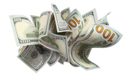 Flying hundred dollar bills, isolated on transparent cutout background