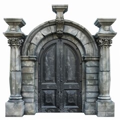 Naklejka premium Ancient stone portal featuring a weathered wooden door and ornate stone columns stands isolated against a white background