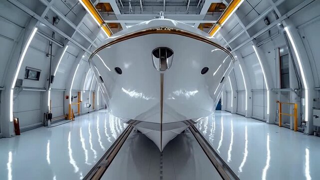 Front View of a White Luxury Yacht Inside a Modern Industrial Hangar with Bright Lighting