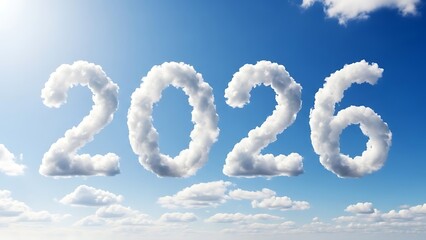 The year 2026 formed by fluffy white clouds against a vibrant blue sky, symbolizing future and new beginnings.