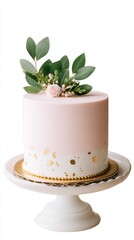 Fototapeta premium Elegant pink cake with floral decor on white stand