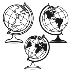 Three globes displaying different continents