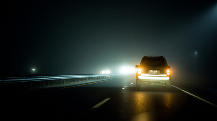 Car driving in fog on highway at night showing low visibility traffic risk, night driving caution, road safety awareness, transportation danger concept and careful travel conditions
