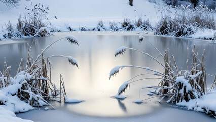 frozen pond covered in snow with reeds encased in ice reflecting muted sunlight creating quiet serene winter nature scene background