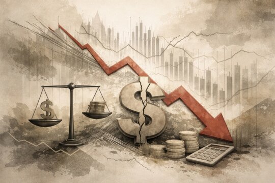 A visual shows falling financial trends with balance scales, dollar signs, and coins depicting economic challenges in the market. - Powered by Adobe