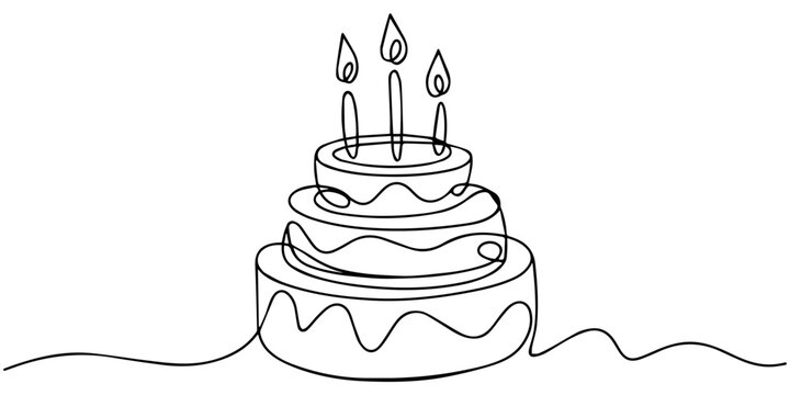 Birthday cake in continuous line art drawing style. Large three-layer holiday cake with candle on the top. Black linear sketch isolated. one line Icon drawing, Continuous one line drawing of a multi