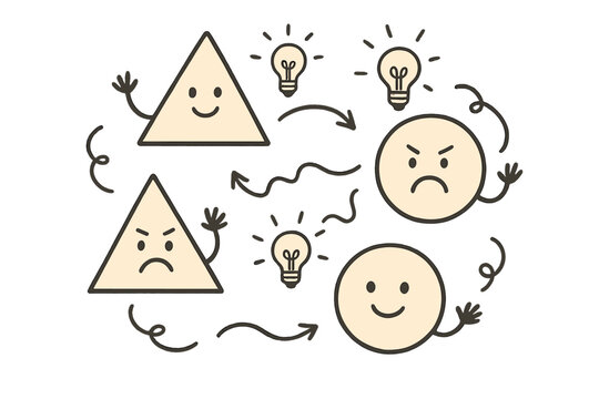 Cute Doodle Fallacy Chart. Cute doodle fallacy chart with smiling triangles and circles, cartoon symbols representing errors
