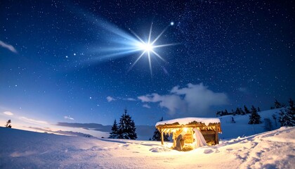 Nativity Scene with Holy Family Under Starry Sky