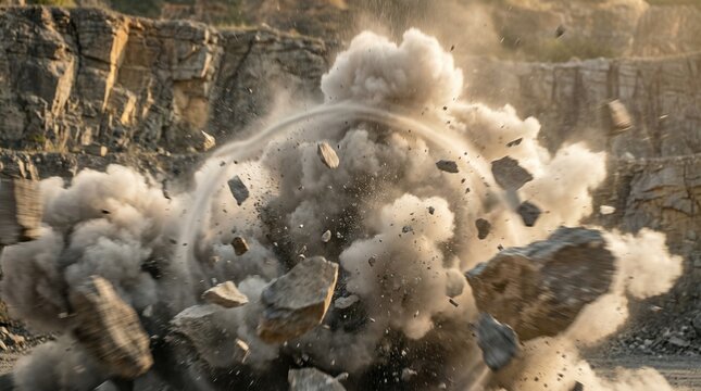 Explosion in rock quarry with flying debris and smoke. Stone industry mining operation blasting concept. Dynamic industrial background.
