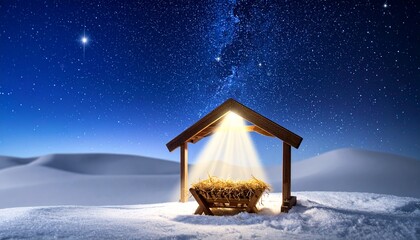 Snowy Nativity Scene Under Starry Night
