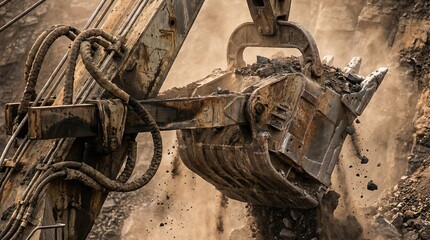 Heavy duty excavator in a quarry moving rock and soil, illustrating the concept of excavation and mining operation for industrial use.