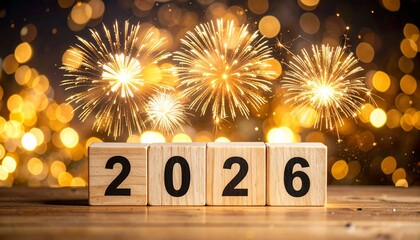 Wooden Blocks Displaying 2026 with Fireworks
