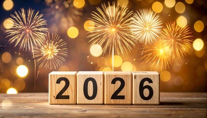 Wooden Blocks Displaying 2026 with Fireworks