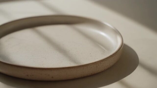 Beautifully lit modern ceramic dish with a subtle speckled texture capturing the gentle dance of sunbeams and shadows on a neutral background