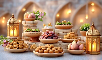 Obraz premium Vibrant Family Gathering Scene for Iftar with Traditional Delicacies and Decor