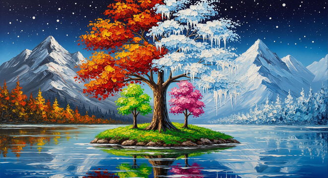 3D relief wallpaper with Surreal Four Seasons Tree Lake Landscape 3D Oil Art for cover, mural wall art, invitation, poster, canvas print, wall decor canvas painting design