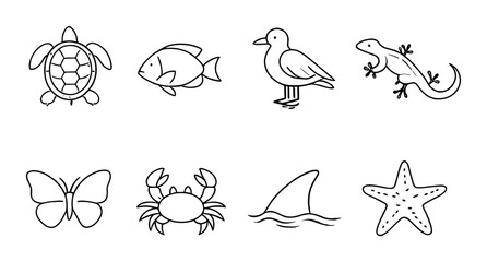 Fototapeta premium Outlined icons of marine and coastal animals on gray background