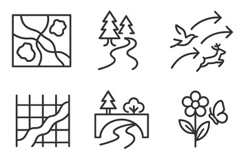 Habitat Corridor Design Icons. Line style icons of habitat corridor designers: landscape connection map, forest-to-river pathway,