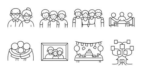Monochrome family icons depicting various social activities and group dynamics