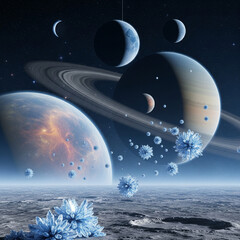 Planets and celestial bodies floating against a transparent background