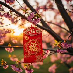 Red envelope with golden character hanging on a tree branch with blossoms