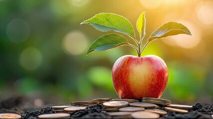 Red Apple Growing Green Sprout on Pile of Coins Symbolizing Investment and Financial Growth - Powered by Adobe