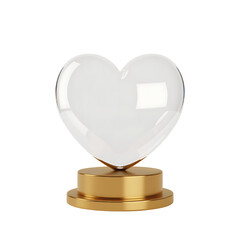A pristine white heart shaped glass sculpture rests upon a golden pedestal symbolizing love and admiration
