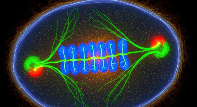 A fluorescently colored, oval-shaped cell with two green and two red fluorescent structures, possibly representing chromosomes, in a dark background with a few yellowish spots.