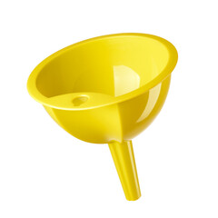 Yellow plastic funnel for pouring liquids and ingredients, isolated. Transparent PNG image.