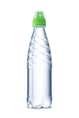 Transparent plastic bottle with dispenser cap containing fresh water for fitness and refreshment isolated. Transparent PNG image.