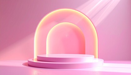 Minimalist tiered pink podium with architectural arches and soft spotlighting for luxury cosmetic product displays and feminine branding