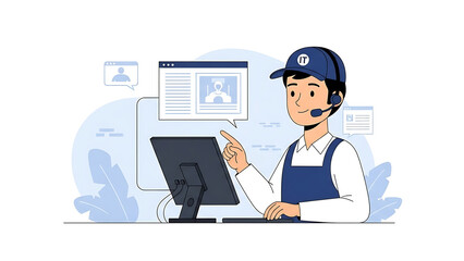 Vector illustration of a professional woman doctor working on a laptop in an office, using online technology and cloud data to communicate a business concept via a mobile internet sign