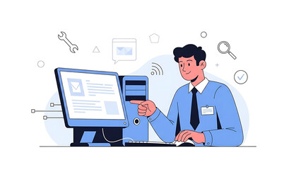 Vector illustration of a professional woman doctor working on a laptop in an office, using online technology and cloud data to communicate a business concept via a mobile internet sign