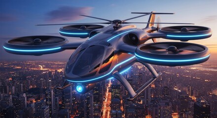 A futuristic, sleek, white drone with blue accents flying over a cityscape at dusk.