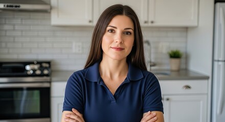 A woman in a blue polo shirt standing in a kitchen with white cabinets and a tiled backsplash.