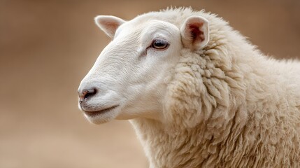 Obraz premium Close-up portrait of a fluffy white sheep with a serene expression, outdoors in daylight.
