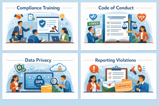Corporate Compliance Training and Ethics Workflow Illustration Set