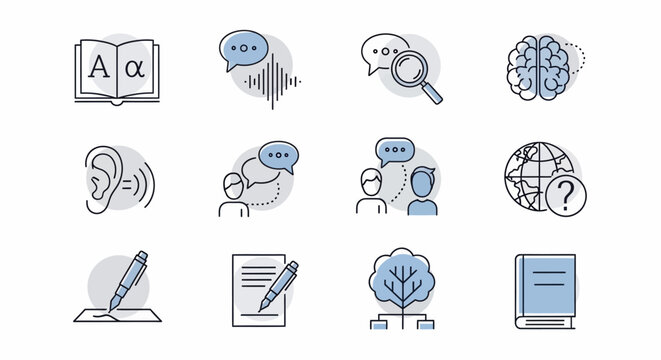 Hand drawn icon set for linguistics language and communication.