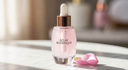 A bottle of Eclat Botanique serum with a pink liquid inside, placed on a marble surface with a pink lotus petal next to it.