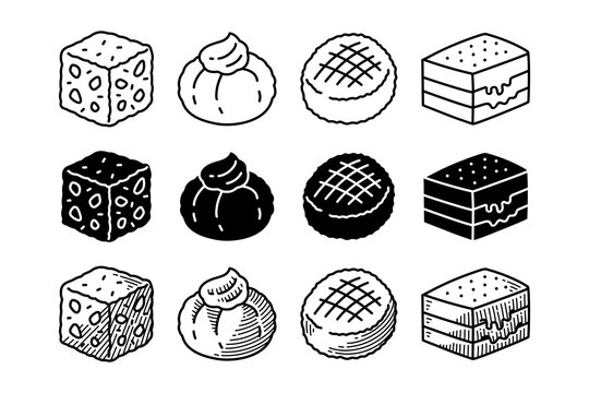 Panforte, Zeppole, Amaretti, Tiramisu cake illustration icon element designs with outline, silhouette and engraving style. Bakery desserts, Sweet pastries, Baked sweets, Cake slices, Snacks